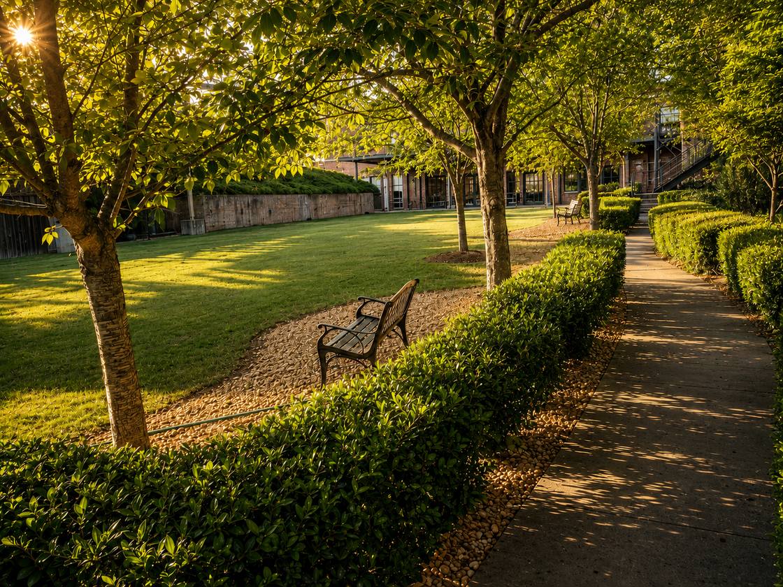 A landscaped greenspace with a bench, clipped hedges and a winding path