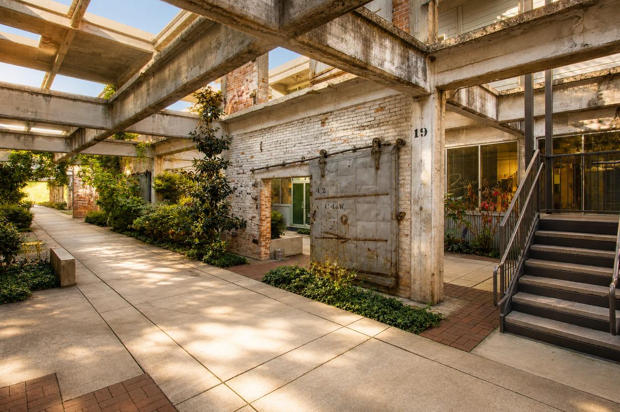 An original sliding metal-clad fire door preserved along a garden walkway