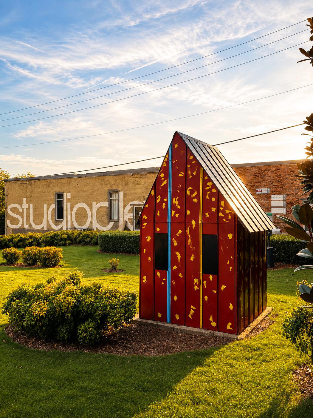 Beverly Buchanan's sculpture A Hard Day's Work Shack, a small red corrugated-metal shack with a tin roof and yellow paint markings, on the Studioplex lawn with the building's sign in the background