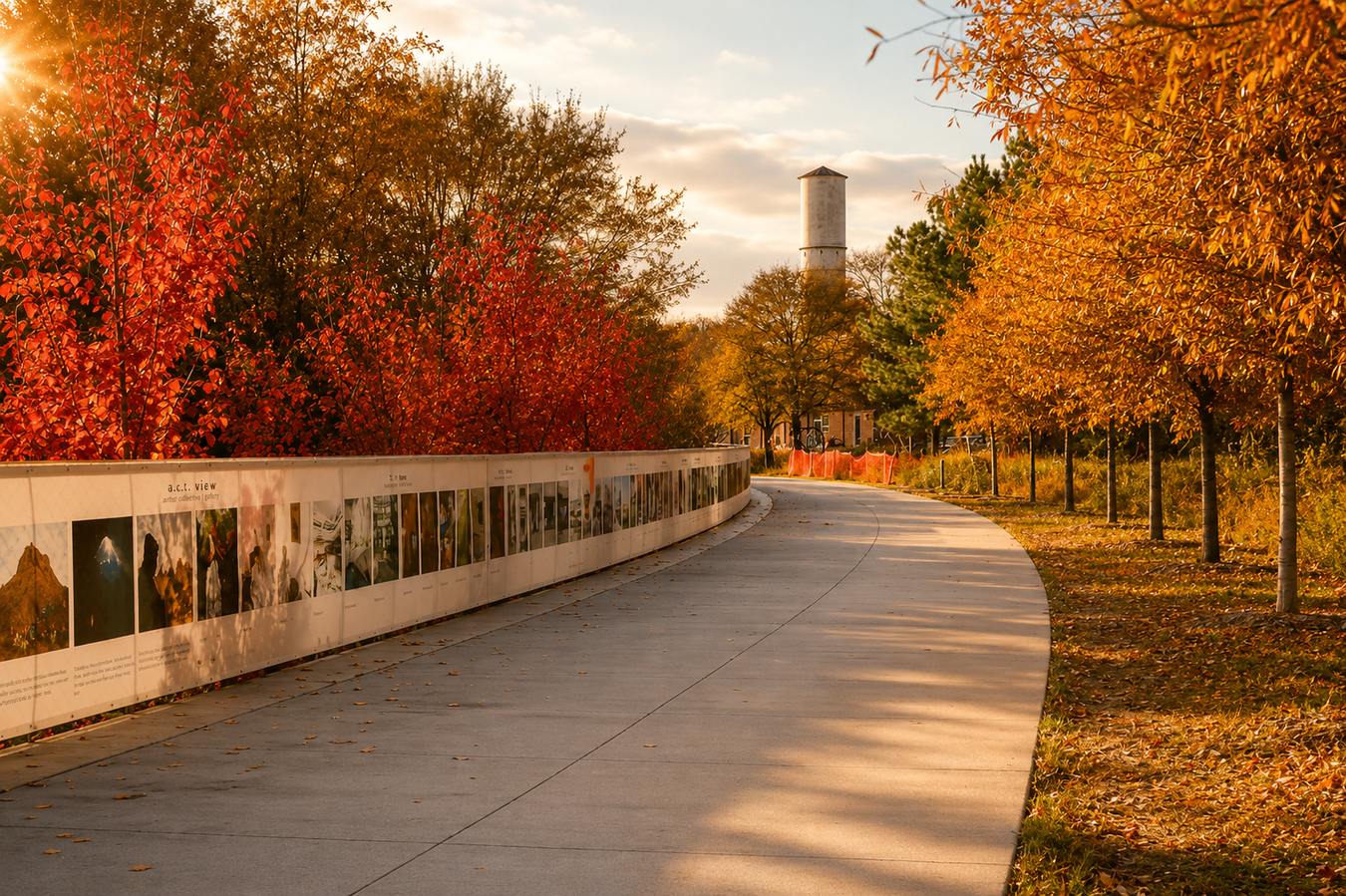 The Atlanta BeltLine trail in autumn, lined with fiery red and gold trees and an artist-collective gallery wall, the Studioplex water tower rising in the distance