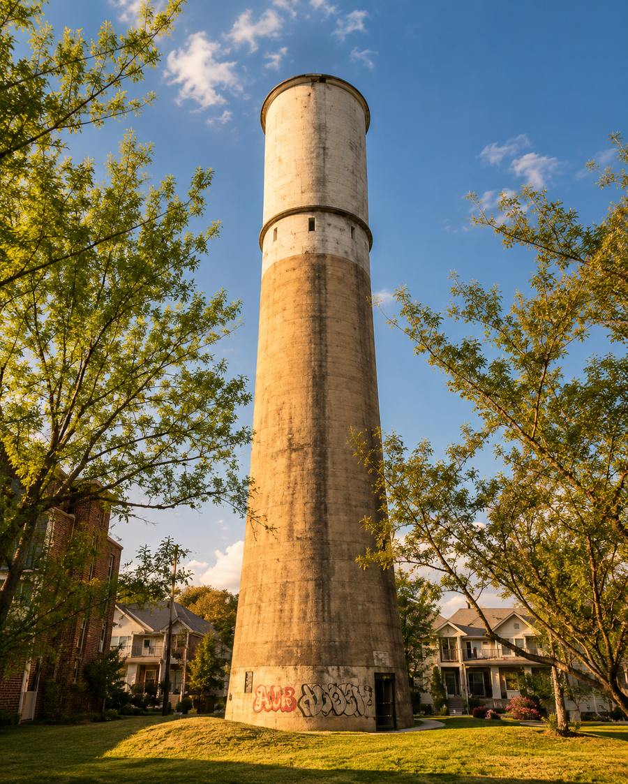The historic Studioplex water tower, a tall tapering concrete tower resembling a lighthouse, rising above the trees and homes of the Old Fourth Ward at golden hour