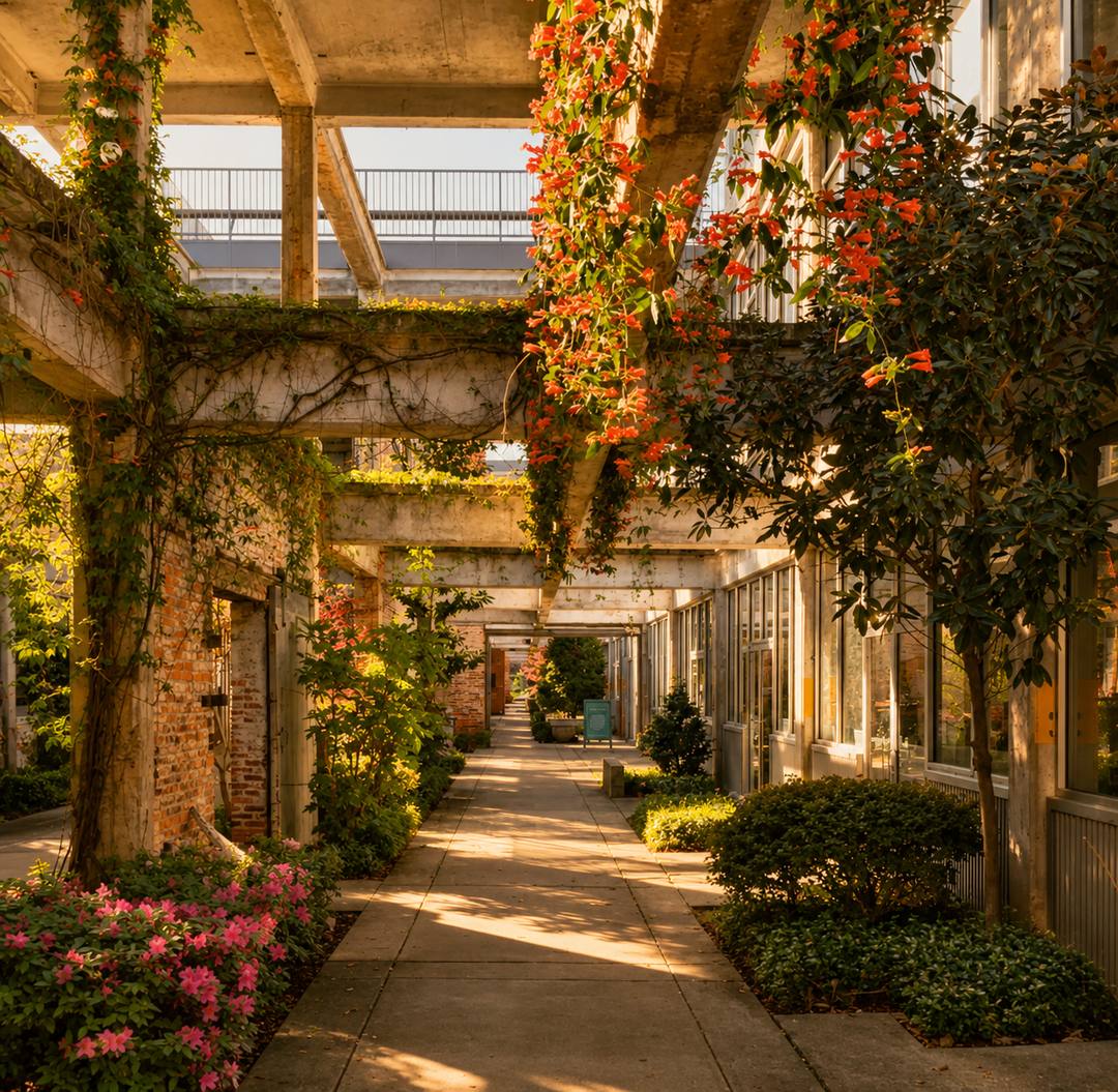 Garden corridor lit gold at sunset, trumpet vine spilling over the beams