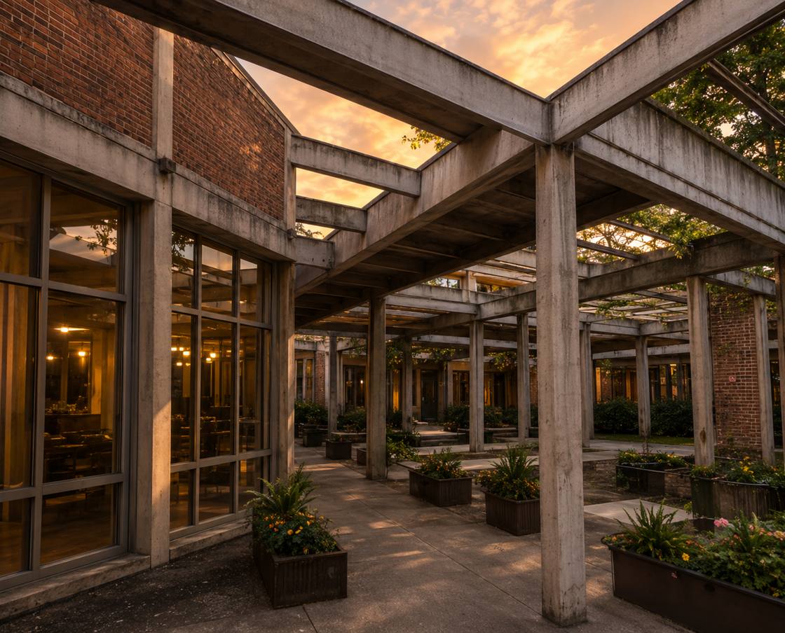 Concrete pergola courtyard at dusk with warmly lit studio windows and planters